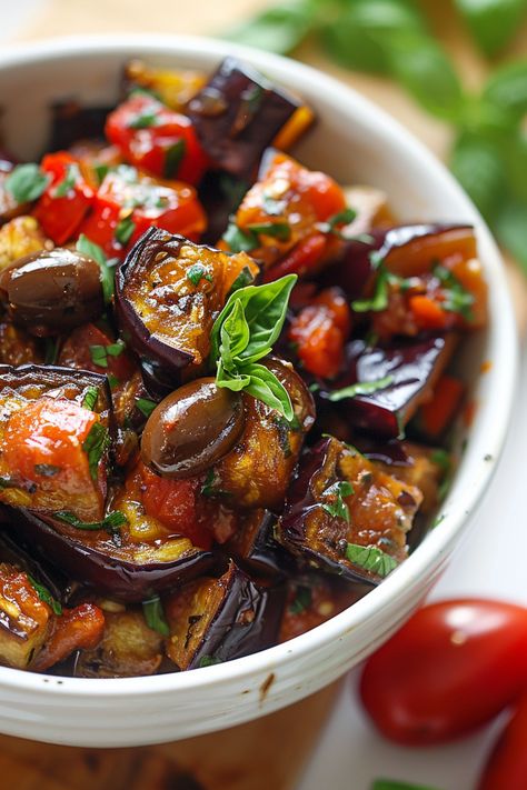 Mouthwatering Low Carb Eggplant Caponata Recipe for Keto Dieters #ketodiet #ketorecipes #lowcarb Eggplant Cherry Tomatoes, Mexican Eggplant Recipes, Cabbage And Eggplant Recipes, Egg Plant Recipes Easy Keto, Caponata Recipe Eggplant, Eggplant Keto Recipes, Eggplant Tomato Recipes, Aubergine Recipe Healthy, Eggplant And Tomato Recipes