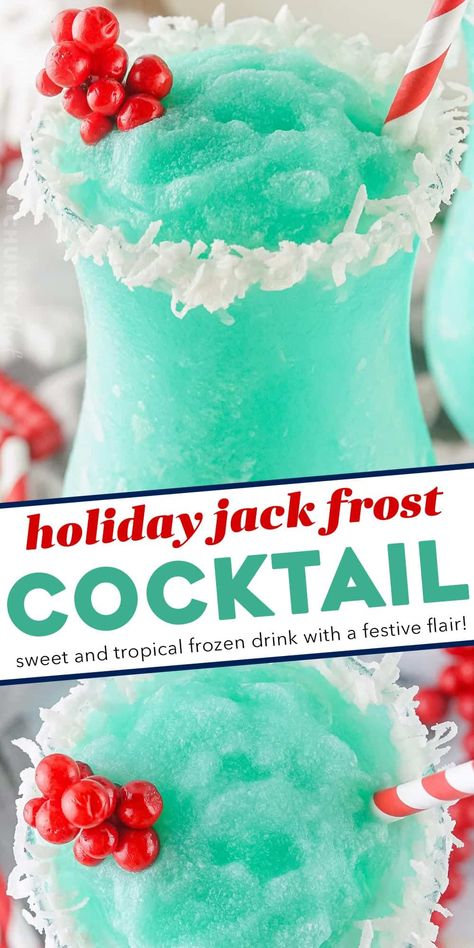 This fun and festive cocktail is named after the infamous Jack Frost, and despite it being a winter drink, it has a delightfully sweet and tropical flavor! It's perfect for all your winter holiday gatherings, and is a nice change from the typical warm drinks served this time of year. Drunken Snowman Drink, Christmas Adult Beverages, Christmas Themed Alcoholic Drinks, New Years Drinks Cocktails, Jack Frost Cocktail, Winter Drinks Alcoholic, Christmas Themed Drinks, Easy Dinner Desserts, Frozen Drinks Alcohol