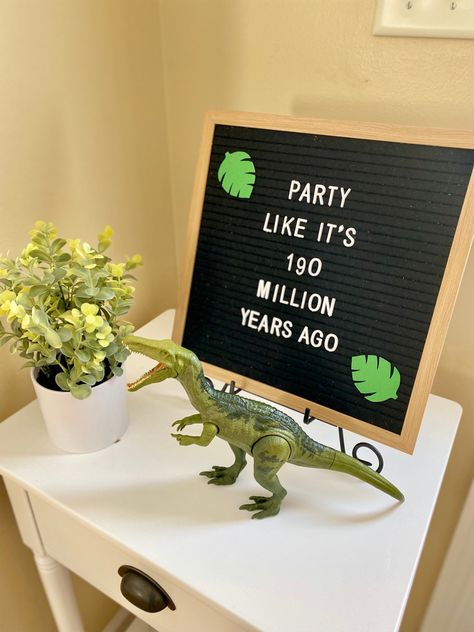 Fifth Birthday Dinosaur, Dino Birthday Sign, Six A Saurus, Unique Dinosaur Party Ideas, Dinosaur Party Letter Board, Jurassic Themed Birthday Party, Dinosaur Fifth Birthday Party, Twin Dinosaur Birthday Party, Triceratops 3rd Birthday