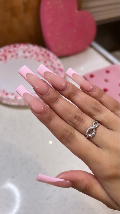 Long Acrylic Nails Pink French Tip, Soft Pink Square Acrylic Nails, Pink French Nails Square Long, Nail Inspo Long Simple, Long Pink French Tip Nails Square, Long Square Acrylic Nails Pink And White, Medium Long Nails Square Pink, Light Pink French Tip Nails Square Long, French Tip On Long Nails