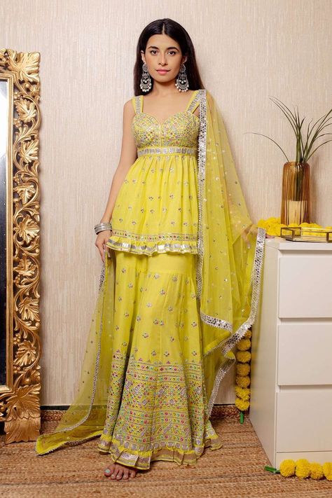 Yellow Cotton Silk Peplum Tunic Sharara Set - short tunic with mirror, thread and gota applique work Yellow Sharara, Gopi Vaid, Haldi Dress, Haldi Outfits, Haldi Outfit, Indo Western Dress, Party Wear Indian Dresses, Sharara Set, Net Dupatta