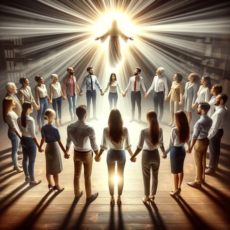 A diverse group of people in a circle, holding hands, under a radiant light symbolizing divine guidance and unity. Each person reflects different roles – a family member, a professional at work, and a community leader, all united in the spirit of love and good deeds, inspired by Hebrews 10:24-25. The scene conveys a sense of encouragement, leadership, and the power of uplifting others, appealing to Bible readers. Community Images People, Prayers For Monday, Family Praying Together, Unity Image, Family Praying, Monday Morning Prayer, Diverse Group Of People, People Praying, People Holding Hands