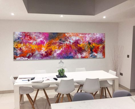 This magnificent original painting is created with a stunning series of bright colours and tones. Taking inspiration from all things floral this is one of those abstracts that delivers on many levels.
It’s long and rectangular and would be ideal for behind a sofa or along a wall with a dining suite. At 3 metres wide it’s big – but it’s  constructed layers and forms never allow it to be overpowering or aggressive. Click the link to see more about "Fields of Flora" Rectangular Canvas Painting, Rectangular Canvas Painting Ideas, Orange Paintings, Orange Painting, Art Paintings For Sale, Modern Art Paintings, Paint Splash, Orange And Pink, Enamel Paint