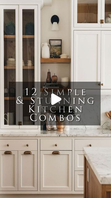 Kreiss on Instagram: "Here are the 12 best simple and stunning kitchen cabinet, counter, and backsplash combinations.

#interiordesigntrends #interiordesigninspiration #interiordesignideas #interiordesigntips #interiordesign #interiordesignersofinstagram #cabinets #neutralhomedecor #neutralhomeaesthetic #kitchenrenovation #kitchendesignideas #kitchensofinstagram" Kitchen Cabinets Wood And Paint Combo, Beige Cabinets Marble Countertops, Quartz Countertops With Greige Cabinets, Small Kitchen Taupe Cabinets, Light Floors And Dark Cabinets, Full Wall Of Cabinets, Kitchen Interior Color Scheme, Small Chic Kitchen, Linen Cabinets Kitchen