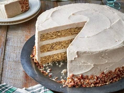 Butter Pecan Layer Cake with Browned Butter Frosting Recipe Maple Walnut Cake, Pecan Layer Cake, Brown Butter Frosting Recipe, Peanut Butter Frosting Recipe, Maple Cake, Pecan Pie Cake, Brown Sugar Frosting, Brown Butter Frosting, Pecan Desserts