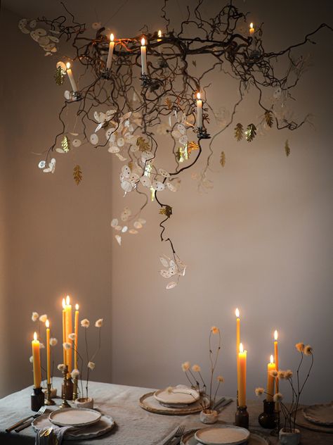 Room With Candles, Candle Installation, Dining Table Decor Ideas, Hanging Centerpiece, Season Greetings, Flower Installation, Floral Installations, Table Decor Ideas, Ceiling Installation