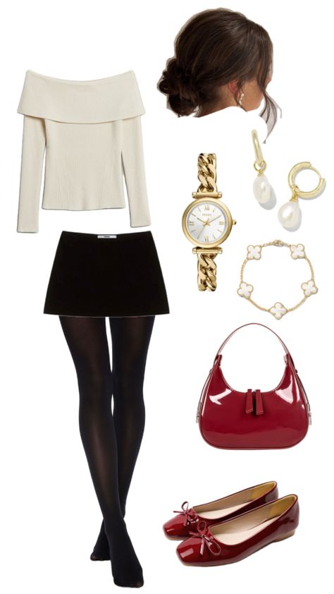 winter outfit | outfit ideas | off the sholder sweater | mini skirt | dinner outfit | christmas party | sheer stockings | gold watch Mini Skirt Dinner Outfit, Skirt Dinner Outfit, Dinner Outfit Christmas, Christmas Outfit Classy, Fancy Christmas Outfit, Christmas Dinner Outfits, Fancy Dinner Outfit, Chic Christmas Outfit, Outfit Christmas Party