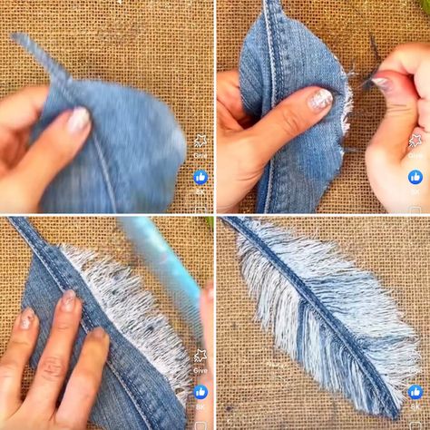 Denim Feathers, Fabric Feathers, Jeans Crafts, Denim Crafts Diy, Folded Fabric Ornaments, Blue Jeans Crafts, Diy Denim, Diy Crafts Room, Quilted Christmas Ornaments