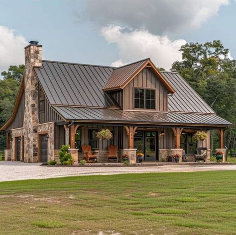 Black House With Copper Accents, Barndominium With Stalls, Copper Roof Barndominium, Rustic Barndominium Ideas Exterior, Dark Green Barndominium Exterior, Barndominium With Brick, Barndo Exterior Color Schemes, Ranch Aesthetic House, Brown Barndominium Exterior