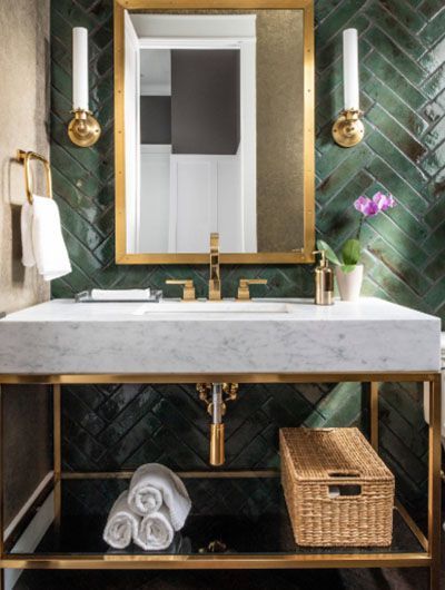 23 Green Tile Design Ideas For Your Bath | Green and Gold Bathroom Design | Green Home Decor Color Palette #GreenTileDesign #Green&GoldDEcor #GreenHomeDecor #GreenColorPalette Transitional Powder Room, Herring Fish, Drømme Bad, Rectangular Tiles, Contemporary Powder Room, Green Tile Bathroom, Farmhouse Bathroom Remodel, Green Tiles, Chevron Tile