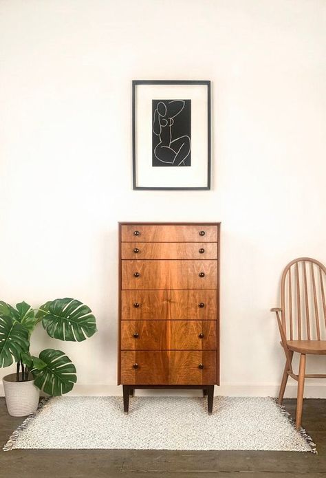 Mid Century Modern Tallboy, Tall Chest Of Drawers Bedroom, Dresser Bohemian, Mid Century Modern Tall Dresser, Designing Furniture, Styling Bedroom, Rustic Chest Of Drawers, Mid Century Chest Of Drawers, Eclectic Nursery