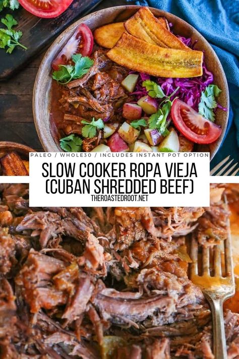 Slow Cooker Ropa Vieja (Cuban Shredded Beef) is an easy, amazing shredded beef recipe loaded with flavor! Post includes an Instant Pot option. Keto, Paleo, Whole30, healthy and delicious! #cuban #cubanfood #beef #recipe #crockpot #instantpot #instantpotbeef Beef Machaca Slow Cooker, Cuban Beef Slow Cooker, Slow Cooker Latin Recipes, Cuban Ropa Vieja Recipe Instant Pot, Crock Pot Ropa Vieja, Cuban Crockpot Recipes, Slow Cooker Beef Shoulder Roast, Crockpot Ropa Vieja Recipes, Cuban Ropa Vieja Recipe Slow Cooker