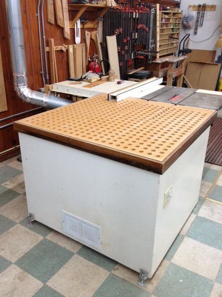 outfeed/downdraft sanding table Sanding Station, Sanding Table, Downdraft Table, Diy Sanding, Woodworking Jigsaw, Creative Woodworking, Woodworking Equipment, Woodworking Shows, Woodworking Joinery