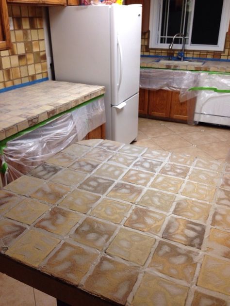 Tile Countertops Redo, Painting Tile Countertops, Tile Countertops Diy, Countertop Remodel, Tile Countertops Kitchen, Countertop Makeover, Countertops Diy, Brown Tile, Tile Counters