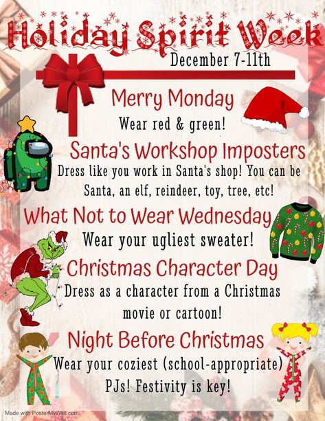 Preschool Spirit Days, Holiday Dance Theme, Christmas Work Spirit Week, December Spirit Days, Christmas Work Ideas 12 Days Of, Christmas Themed Fundraisers, Holiday Giving Back Ideas, Whoville Spirit Day, Spirit Committee At Work