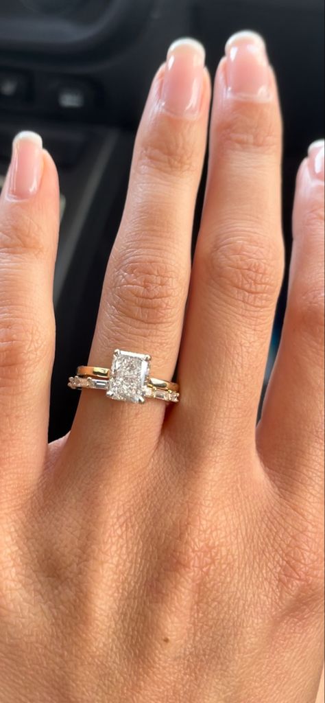 Radiant Engagement Ring Baguette, $15000 Engagement Ring, Radiant Engagement Ring With Baguette Band, Elongated Radiant Engagement Ring With Wedding Band, Baguette Wedding Band With Radiant Ring, Gold Wedding Band With Radiant Ring, Silver Ring Gold Band, Radiant Stacked Ring, Wedding Band Radiant Cut