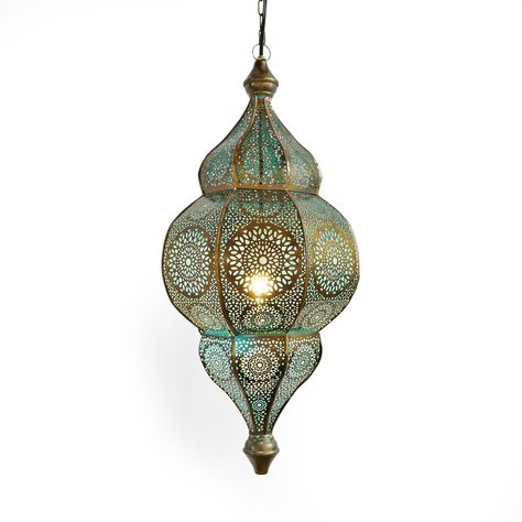 Beautiful Moorish brass hanging lantern with delicate blue glow from the interior which is painted. The exterior is perforated with a stunning design pattern. Opens to hold 75 watt bulb. 3' brass chain and ceiling plate included. Dekorasi Maroko, Green Room Decor, Moroccan Chandelier, Moroccan Pendant Light, Blue Lantern, Moroccan Lighting, Turkish Lamps, Moroccan Lamp, Moroccan Lanterns