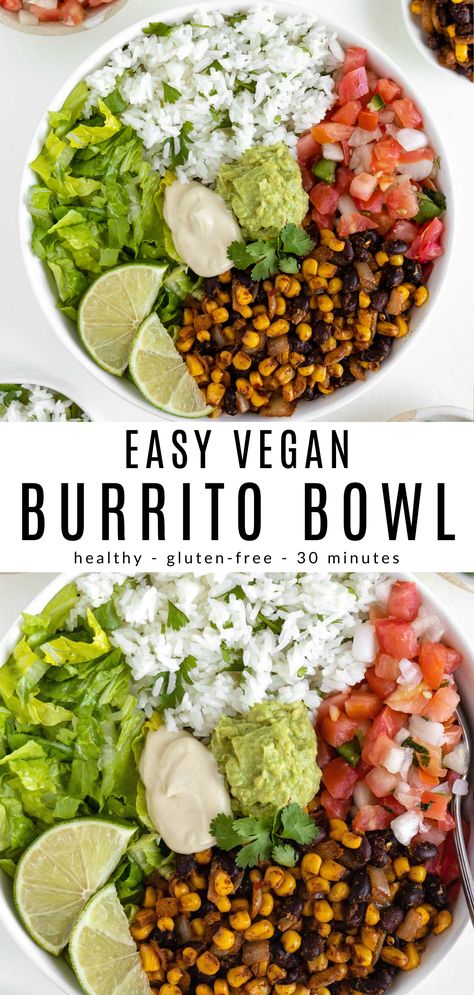 Spicy Black Beans, Vegan Burrito Bowl, Burrito Vegan, Burrito Bowl Recipe, Vegan Burrito, Authentic Mexican Recipes, Vegan Lunch Recipes, Lime Rice, Cilantro Lime Rice