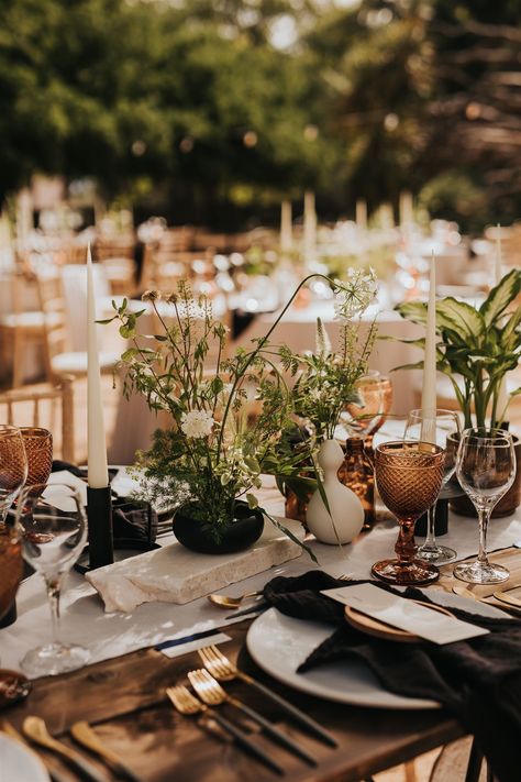 Black Wedding Mood Board, Black Garden Wedding, Black Wedding With Greenery, Boho Black Tie Wedding, Modern Botanical Wedding, Houseplant Wedding Decor, Black And White Boho Wedding, Boho Place Setting, Plant Themed Wedding