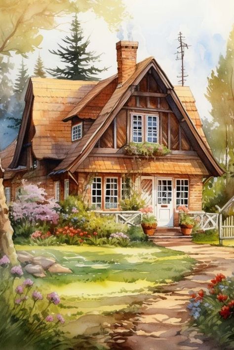 Beautiful House Painting, Cottage Art Painting, House Painting Art, Dream Cottage House, Dark Academia Kitchen, Painting Of A House, Houses Painting, Dream House Drawing, Casa Art