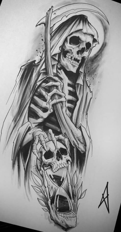 Grim Reaper Drawing, Reaper Drawing, Evil Skull Tattoo, Skull Art Tattoo, Grim Reaper Tattoo, Reaper Tattoo, Skull Sleeve Tattoos, Skull Sleeve, Evil Tattoos