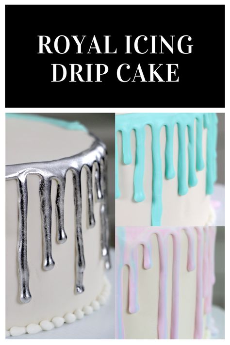 Royal Icing Drip Cake 👩🏼‍🍳✨ Today I'm teaching you how to use royal icing to create a pretty drip cake! I show you 3 different styles. The first is a solid drip, the second is a multicolor/marbled drip, and the third is a painted drip. You can paint your drip silver, gold, or any other color! Royal icing drip works great on a fondant covered cake and is really easy to do once you achieve the right consistency! Make Dripping Icing, Pour Icing On Cake, Royal Icing Drip Recipe, Icing Drip Recipe, Drip Cake Icing Recipe, Royal Icing Decorations Cake, How To Make Icing Drip Down Cake, Easy Drip Icing, Dripping Icing On Cake