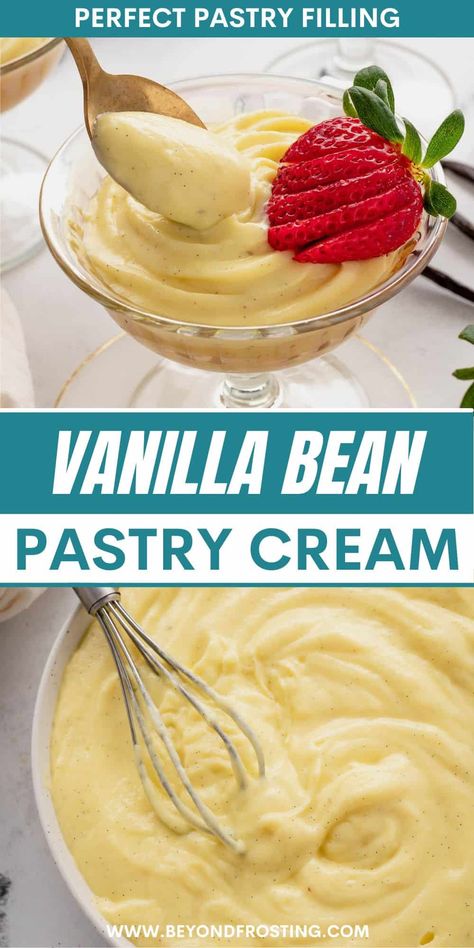 Make homemade Pastry Cream in 30 minutes with this easy crème pâtissière recipe. Flavored with real vanilla beans and perfect for piping! Homemade Pastry Cream, Cream Pastry Recipe, Vanilla Cream Rolls Recipe, Vanilla Bean Custard Danish Recipe, Vanilla Bean Pastry Cream, Starbucks Vanilla Bean Custard Danish, Vanilla Creme Filling, Vanilla Bean Ganache Filling, Vanilla Bean Custard Danish