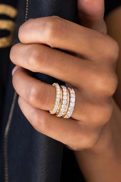 Stackable Diamond Rings Eternity Bands, Two Diamond Wedding Bands, Woman Gold Wedding Ring, Gold And Diamond Ring Stack, Stackable Gold Wedding Bands, Gold Diamond Bands For Women, Diamond Band Stacked Rings, Diamond Band Engagement Ring Stacked, Right Hand Ring Stack