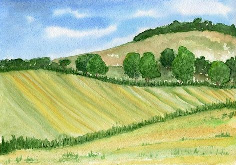 Watercolor landscape with hills, forest and field in green tones stock illustration Landscape Art Easy, Watercolor Bujo, Paintings Nature, Easy Landscape, Pond Painting, Circular Art, Valley Landscape, Watercolor Paintings Nature, Architecture Drawing Art