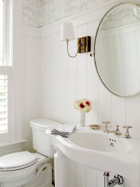 , Beadboard Powder Room, Cottage Bathroom Design Ideas, Vertical Shiplap, Powder Room Wallpaper, Cottage Bathroom, Transitional Bathroom, White Cottage, Kew Gardens, Bathroom Renos