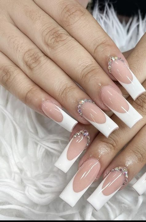 French Tips Rhinestones, White Nails French, Tip Nail Designs, Nails French Tips, White Tip Nails, French Tip Nail Designs, Nail Jewels, Nails Now, French Tip Acrylic Nails