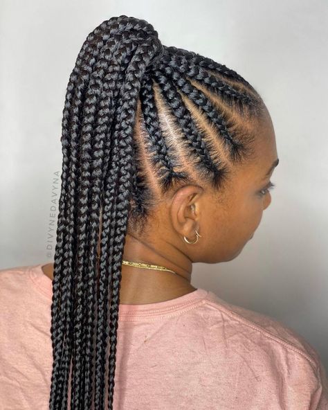 Black Braided Ponytail with Cornrows Ponytail With Cornrows, Black Braided Ponytail, Cornrow Ponytail Styles, Plaited Hairstyles, High Ponytail Braid, Best Braid Styles, Hairstyles Instagram, Cornrow Ponytail, High Pony