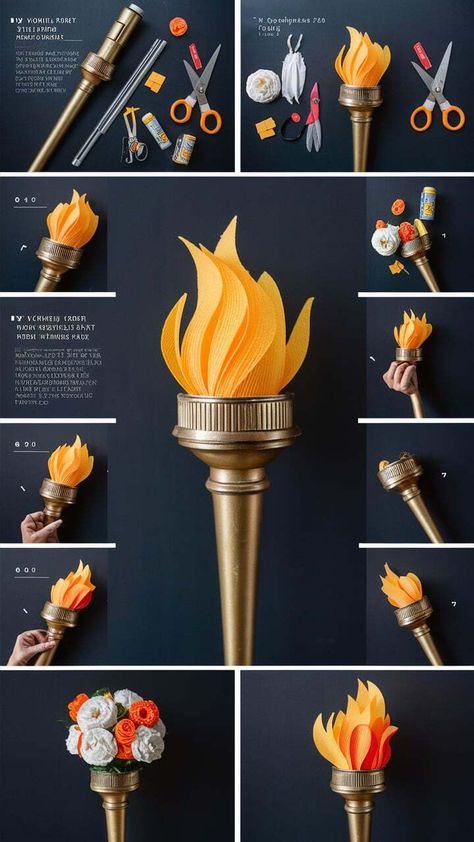 Celebrate the Summer Olympics with a homemade torch! This easy tutorial shows you how to craft a realistic Olympic torch using household items. Perfect for kids and adults, this project adds a festive touch to any Olympic viewing party or event. Show your Olympic pride with a torch you made yourself! #DIYTutorial #OlympicGames #Paris2024 #CraftingWithKids #SummerFun Olympic Float Ideas, Olympic Trunk Or Treat, Olympics Decorations Ideas, Statue Of Liberty Torch Diy, Olympic Podium Diy, Olympic Decorations Diy, Olympic Flame Craft, Diy Statue Of Liberty Torch, Olympic Torch Craft Preschool