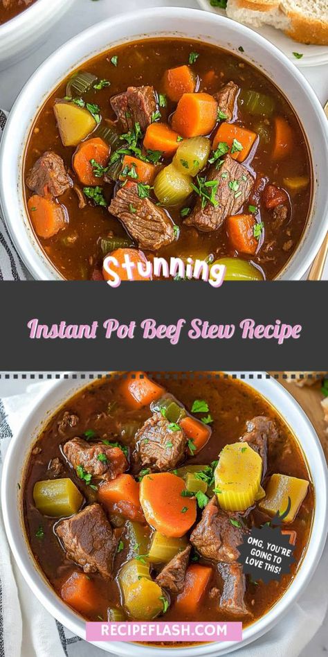 Warm your soul with this Instant Pot Beef Stew Recipe! Bursting with flavor, this quick and easy recipe features succulent beef, root vegetables, and a savory broth. Ideal for chilly evenings, it's the perfect family meal that cooks in no time. Discover the magic of your Instant Pot with this delicious stew! Instapot Beef Stew, Beef Stew Instant Pot, Savory Beef Stew, Instant Pot Beef Stew Recipe, Instant Pot Stew, Instant Pot Beef Stew, Instant Pot Pasta, Instant Pot Pasta Recipe, Lunch Dinner Ideas