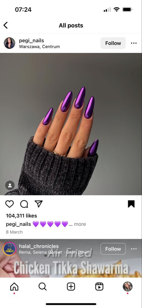 Matalic Nails Acrylic Purple, Crome Purple Nail, Bright Purple Chrome Nails, Violet Glitter Nails, Neon Purple Chrome Nails, Dark Purple Nails With Chrome, November Nails Purple, Purple Chrome Halloween Nails, Deep Purple Chrome Nails