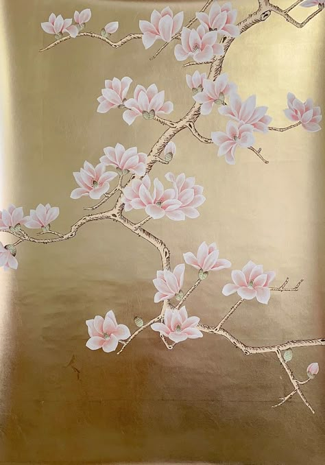 Magnolia and Cherry Blossoms on Champagne Ground S-18 - Etsy Canada Gold Butterfly Wallpaper, Japanese Cherry Blossom Wallpaper, Asian Art Wallpaper, Black Metal Kitchen, Japandi Style Interior Design, Heart Bedroom, Customized Wallpapers, Blossom Wallpaper, Cherry Blossom Wallpaper