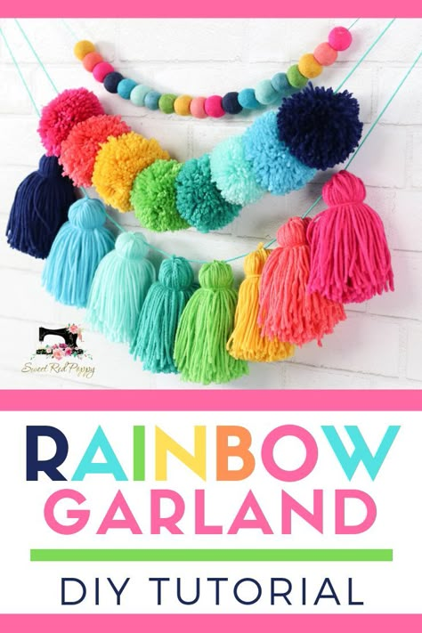 Learn how to create a yarn pompom, tassel and felt ball garland with this simple diy tutorial featuring supplies from Joann Craft and Fabric Stores.  Head to the blog for the full step-by-step photo and video tutorial.   This pin was made in partnership with Joann. #handmadewithjoann Pompom Tassel, Diy Tassel Garland, Rainbow Garland, Yarn Balls, Pom Crafts, Ball Garland, Yarn Pom Pom, Fabric Stores, Pom Pom Crafts