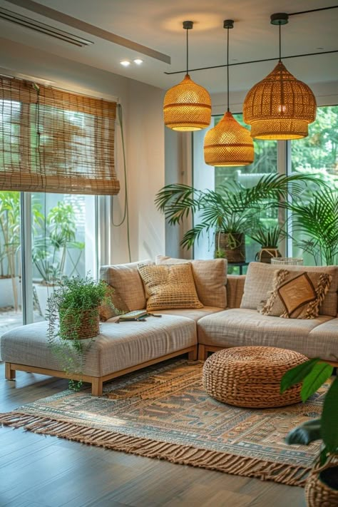 Modern Tropical Interior Design, Modern Tropical Interior, Cheap Couches, City Living Room, Tropical Living Room, Tropical Interior Design, Earthy Home Decor, Rattan Chandelier, Chandelier Ideas