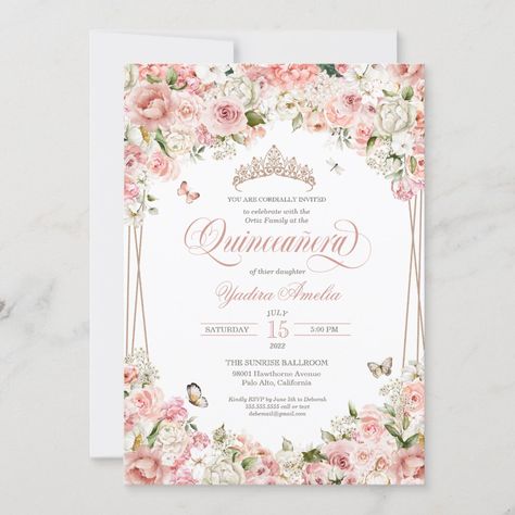 Pink Blush White Floral Butterfly Quinceanera Invitation Pink Quince Theme, Quinceñera Invitations, Pink Flowers Invitation, Quince Themes, Quinceanera Pink, Pink Quince, Quince Invitations, Butterfly Invitations, Quinceanera Planning