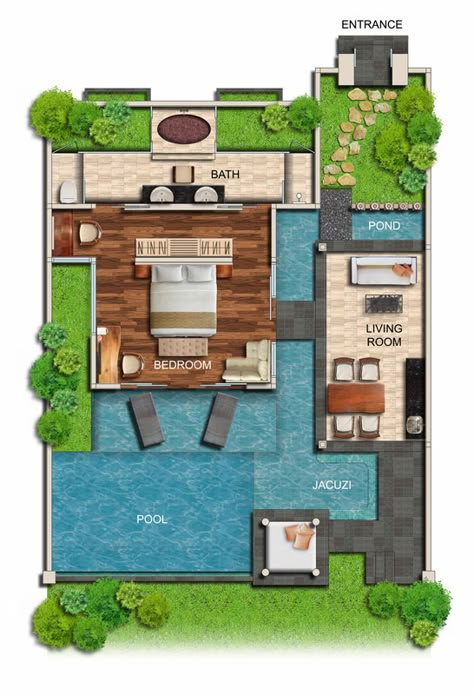 Beach Villa Floor Plan, Small Villa Design, House Plans With Pool, Beach Side House, Villa Layout, Tiny Villa, Hotel Room Design Plan, Resort Design Plan, Bali Style Home