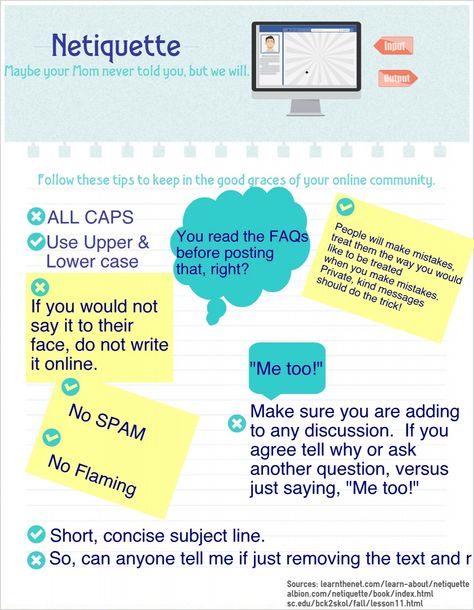 Netiquette #infographic Netiquette Poster, Kids Etiquette Lessons, Netiquette Infographic Poster, Infographic Design Ideas, Rules Of Netiquette Poster, Functional English, Rules Of Netiquette, Infographic Education, Love Children Quotes