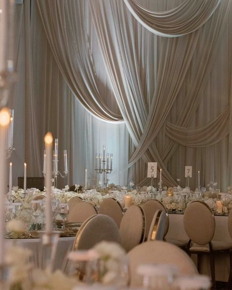 #chayudansan on Instagram | Hashtags Wedding Reception Drapery, Drapes Wedding Decor, Fabric Decoration Ideas, Head Table Draping, Wedding Drapery Ideas, Draping Wedding Reception, Wedding Draping Backdrop, Drapery Wedding, Wedding Drapes