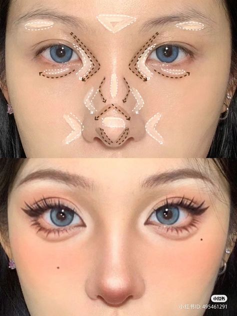 Membentuk Alis, Asian Makeup Tutorials, Anime Eye Makeup, Mekap Mata, Nose Makeup, Makeup Tip, Simple Makeup Tips, Cute Eye Makeup, Anime Makeup