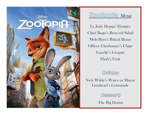 DISNEY MEAL #45 - ZOOTOPIA! Has link to pictures of How the Meal Came Together & The Treat! Happiest Memories On Earth - is an awesome blog that has SO MANY Disney Meal Ideas and MORE!! Disney Movie Themed Dinner, Family Movie Night Themes, Disney Movie Night Menu, Zootopia Movie, Disney Date Night, Disney Themed Movie Night, Disney Movie Night Food, Zootopia Disney, Themed Movie Night