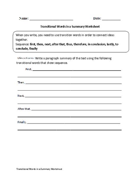 Underlining Transitional Words Worksheet Words For Essays, Transition Words Anchor Chart, Good Transition Words, Transition Words Worksheet, Summary Worksheet, Sequence Worksheet, Transitional Words, Transition Words For Essays, Paragraph Worksheets