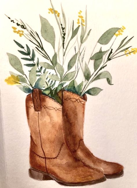 Watercolor Art Horse Easy, Western Aesthetic Drawing, Painting Ideas Western Easy, Watercolor Cowgirl Boots, Western Boots Drawing, Horse Aesthetic Drawing, Easy Paintings Western, Canvas Painting Ideas Country, Cowboy Boots Watercolor