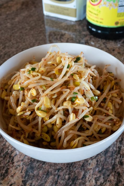 Korean Bean Sprouts - Onolicious Hawaiʻi Asian Bean Sprouts Recipes, Been Sprouts Recipes, Korean Bean Sprouts, Korean Bean Sprout Side Dish, Bean Sprouts Korean Side Dish, Kongnamul Muchim, Bean Sprouts Recipes, Korean Bbq Side Dishes, Bean Sprouts Recipe