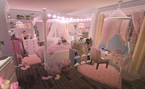 Pink One Story House Bloxburg, Bloxburg Room Ideas Hello Kitty, Gyaru Bloxburg House, Cute Bedroom Bloxburg, Bloxburg Princess Bedroom, Royale High Bedroom Ideas, Bloxburg Pink Bedroom, Pink Bloxburg Room, Y2k Bloxburg House