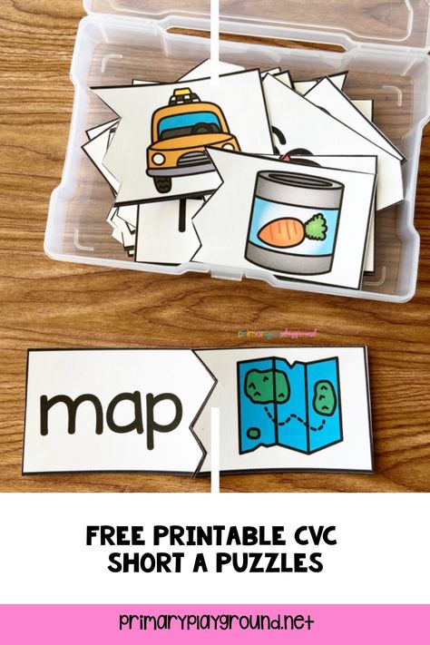 Come grab these Free Printable CVC Short A Puzzles to help the kiddos review. It’s always a bonus when the kiddos are getting practice but don’t even realize it!.  #cvcshorta #cvcpuzzle #kindergarten Cvc Short A Activities, Cvc Puzzles Kindergarten, I Have Who Has Cvc Words Free, Cvc Cards With Pictures Free, Cvc Words Picture Cards, Kindergarten Puzzles, Middle Sounds, Short Vowel Words, Green Box