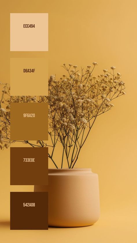 Colors:
ECC494 ° D6A34F ° 9F6A20 ° 733E0E ° 542A08 Monochromatic Yellow, Asian Style Art, Flat Color Palette, Gradient Color Design, Yellow Palette, Website Color Palette, Monochromatic Color Palette, Color Design Inspiration, Yellow Colour Scheme